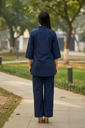 Navy blue embroidered cotton co-ord set for women