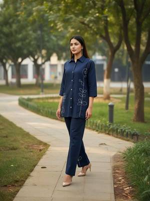 Navy blue embroidered cotton co-ord set for women 3