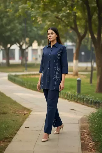Navy blue embroidered cotton co-ord set for women