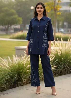Navy blue embroidered cotton co-ord set for women 4