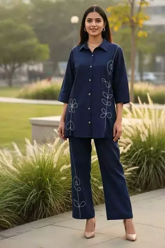 Navy blue embroidered cotton co-ord set for women