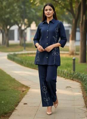 Navy blue embroidered cotton co-ord set for women 5