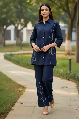 Navy blue embroidered cotton co-ord set for women