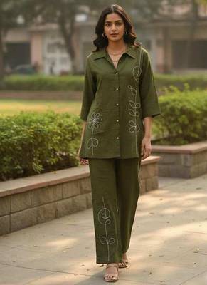 Olive embroidered cotton co-ord set for women 1