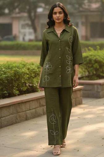 Olive embroidered cotton co-ord set for women
