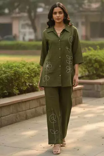 Olive embroidered cotton co-ord set for women