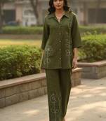 Olive embroidered cotton co-ord set for women