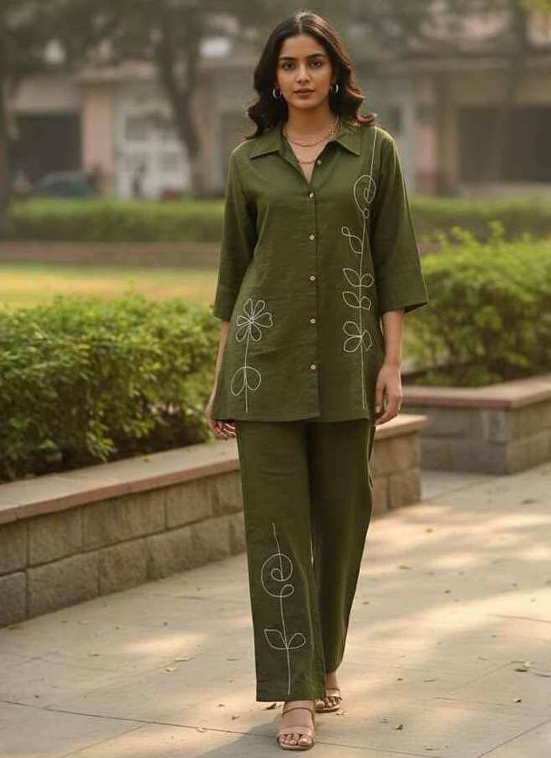 Olive embroidered cotton co-ord set for women