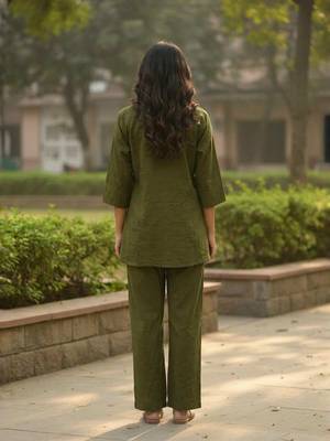 Olive embroidered cotton co-ord set for women 2