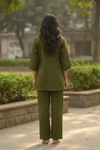 Olive embroidered cotton co-ord set for women