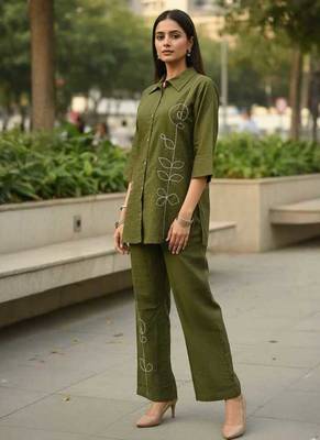 Olive embroidered cotton co-ord set for women 3
