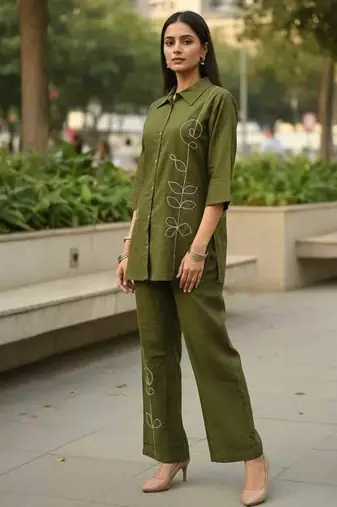 Olive embroidered cotton co-ord set for women