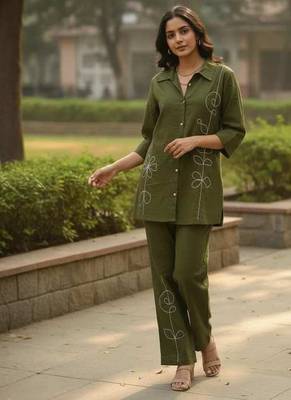 Olive embroidered cotton co-ord set for women 4