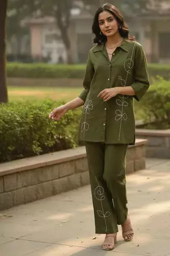 Olive embroidered cotton co-ord set for women