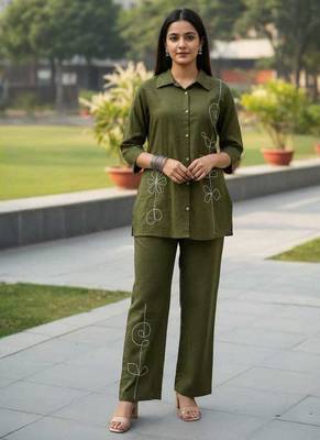 Olive embroidered cotton co-ord set for women 5