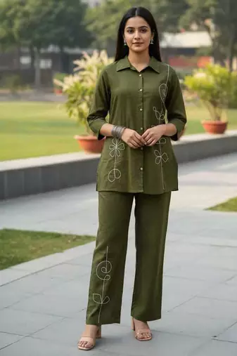 Olive embroidered cotton co-ord set for women