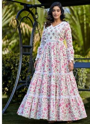 Off white floral printed cotton empire style ethnic dress 1