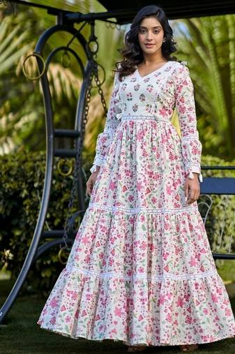 Off white floral printed cotton empire style ethnic dress