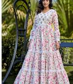 Off white floral printed cotton empire style ethnic dress