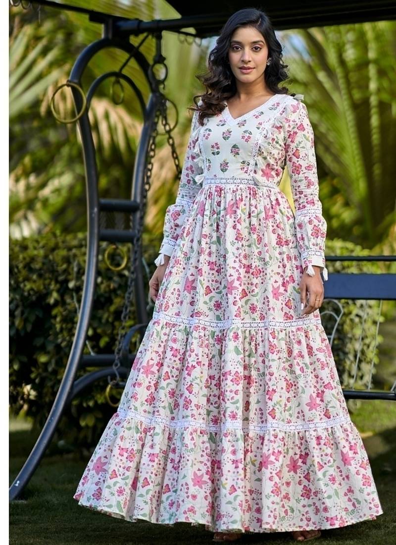 Off white floral printed cotton empire style ethnic dress