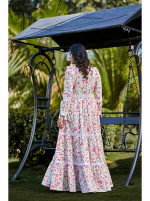 Off white floral printed cotton empire style ethnic dress 2