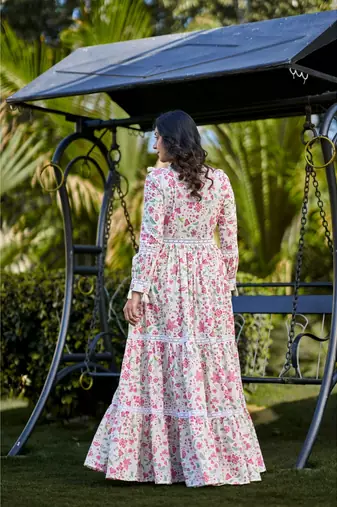 Off white floral printed cotton empire style ethnic dress