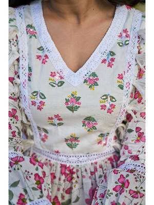 Off white floral printed cotton empire style ethnic dress 3