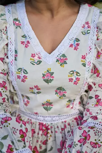 Off white floral printed cotton empire style ethnic dress