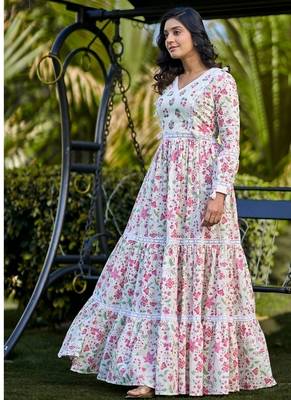 Off white floral printed cotton empire style ethnic dress 4