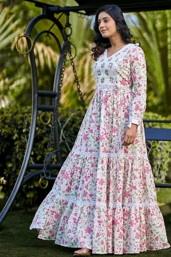 Off white floral printed cotton empire style ethnic dress