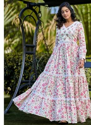 Off white floral printed cotton empire style ethnic dress 5