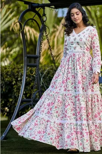 Off white floral printed cotton empire style ethnic dress