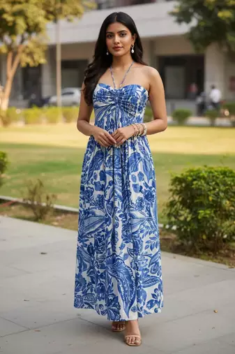 Blue floral printed rayon blend smocked bandeau maxi dress