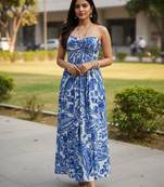 Blue floral printed rayon blend smocked bandeau maxi dress