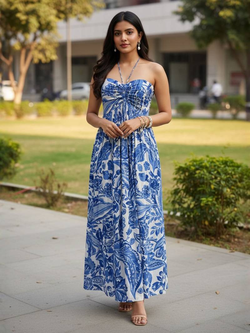 Blue floral printed rayon blend smocked bandeau maxi dress