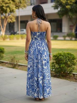Blue floral printed rayon blend smocked bandeau maxi dress 2
