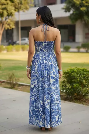 Blue floral printed rayon blend smocked bandeau maxi dress