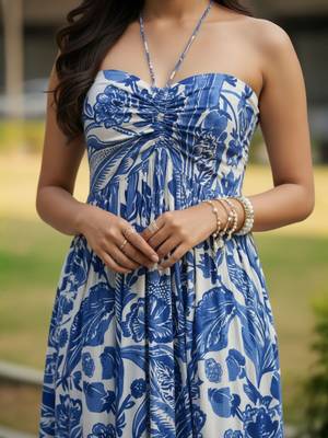 Blue floral printed rayon blend smocked bandeau maxi dress 3