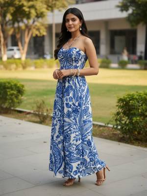 Blue floral printed rayon blend smocked bandeau maxi dress 4
