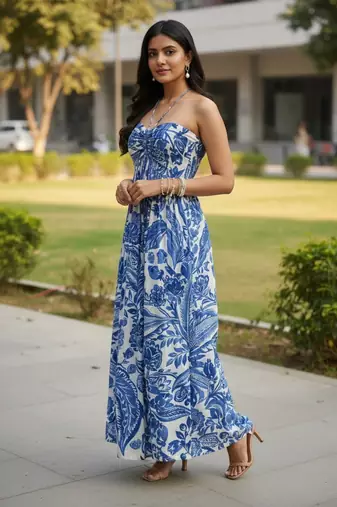 Blue floral printed rayon blend smocked bandeau maxi dress