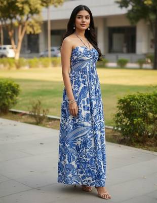 Blue floral printed rayon blend smocked bandeau maxi dress 5