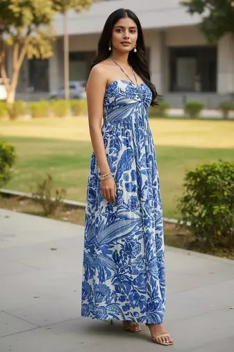 Blue floral printed rayon blend smocked bandeau maxi dress
