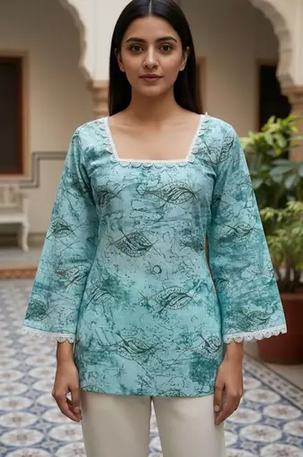 Teal printed cotton tunic top for women