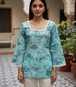 Teal printed cotton tunic top for women