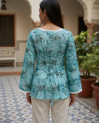 Teal printed cotton tunic top for women 2