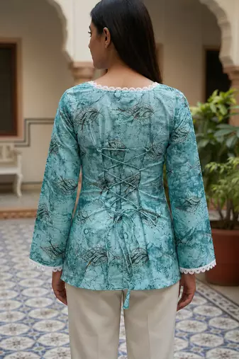 Teal printed cotton tunic top for women