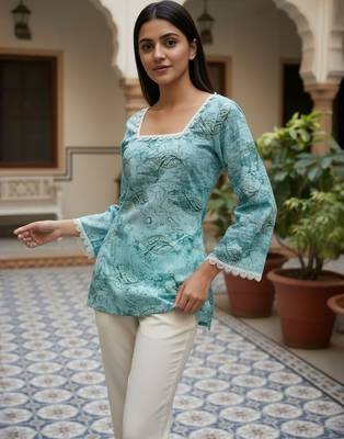 Teal printed cotton tunic top for women 4