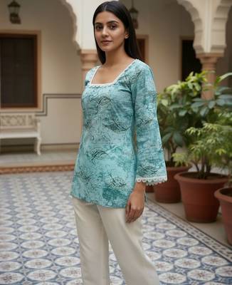 Teal printed cotton tunic top for women 5