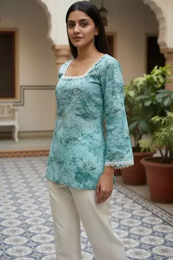Teal printed cotton tunic top for women