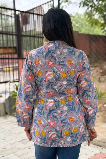 Grey floral printed cotton tunic top for women